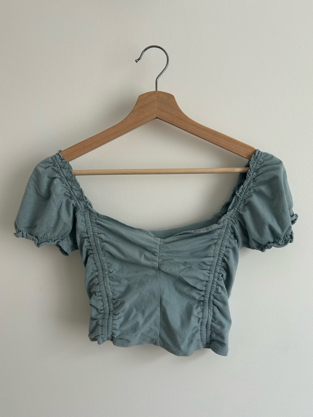 Garage Sage Green Puff Sleeve Ruched Crop Top